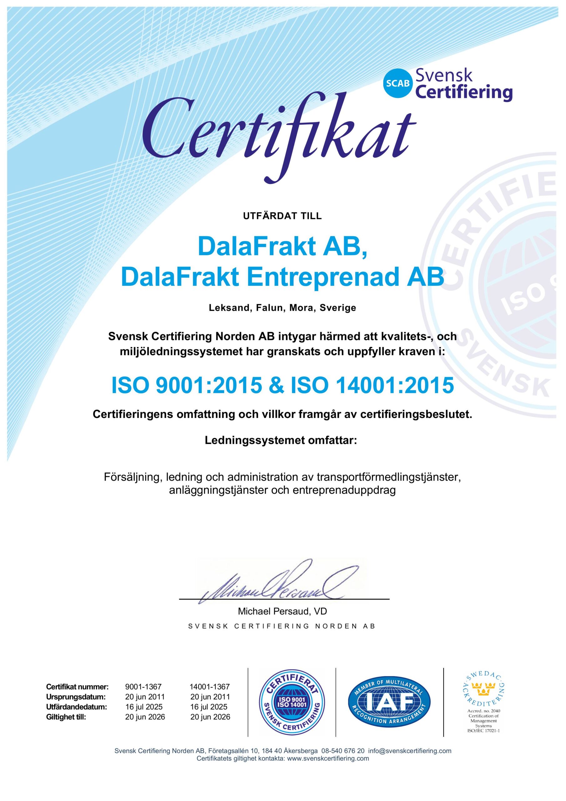 DalaFrakt AB_ISO 9001_14001