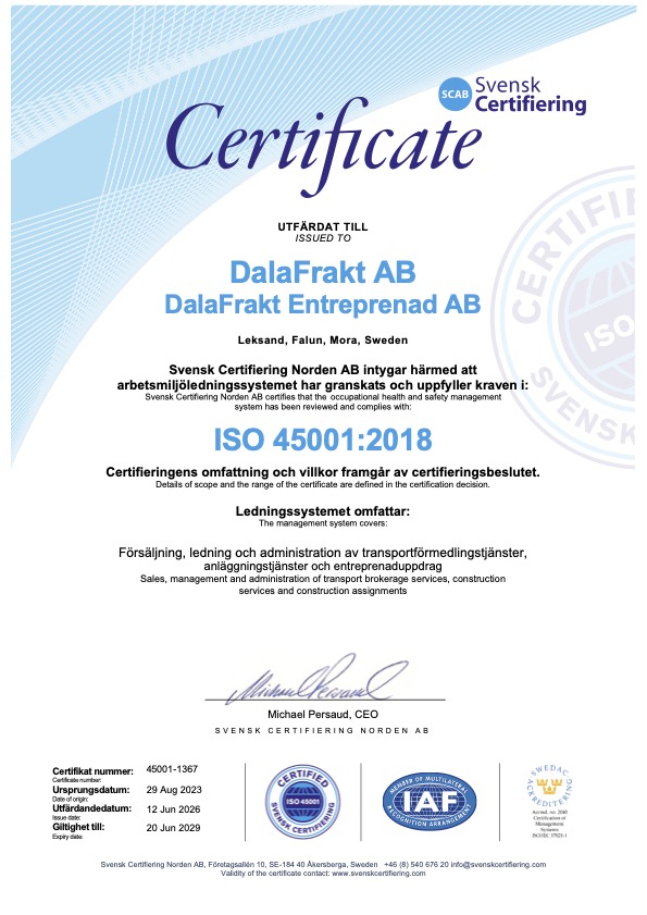 DalaFrakt AB_ISO 45001 DalaFrakt AB_ISO 45001
